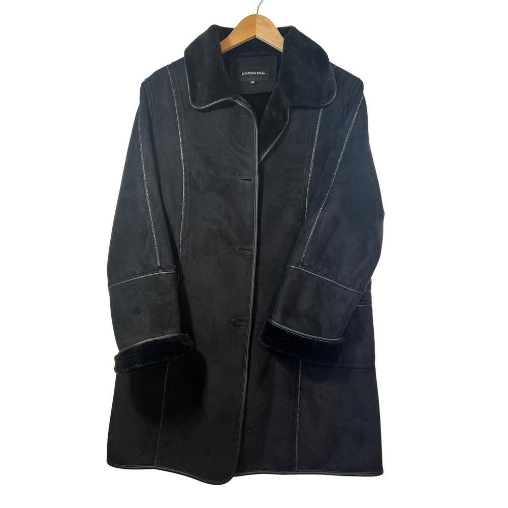 London Fog Molly Black Faux Suede Fur Lined Coat Jacket Womens‎ Large Petite L/G